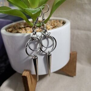 Dangle Earrings Silver Tone Spike Drop Earrings Circle Punk Rock Statement
